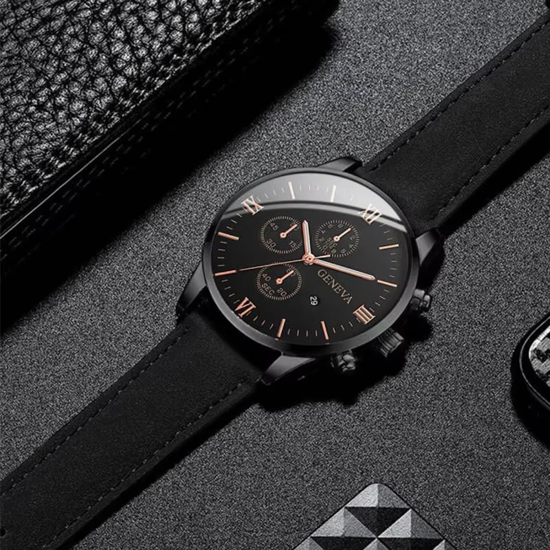 1/3PCS Men's Watch Casual Leather Band Analog Quartz Watches with Calendar